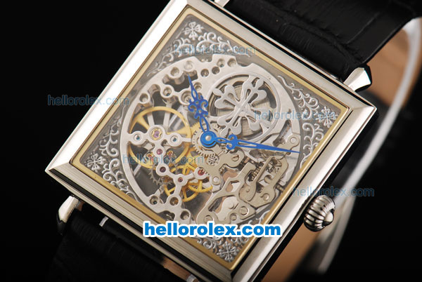 Patek Philippe Quadrate Skeleton Manual Winding Movement with White Bezel and Black Leather Strap - Click Image to Close